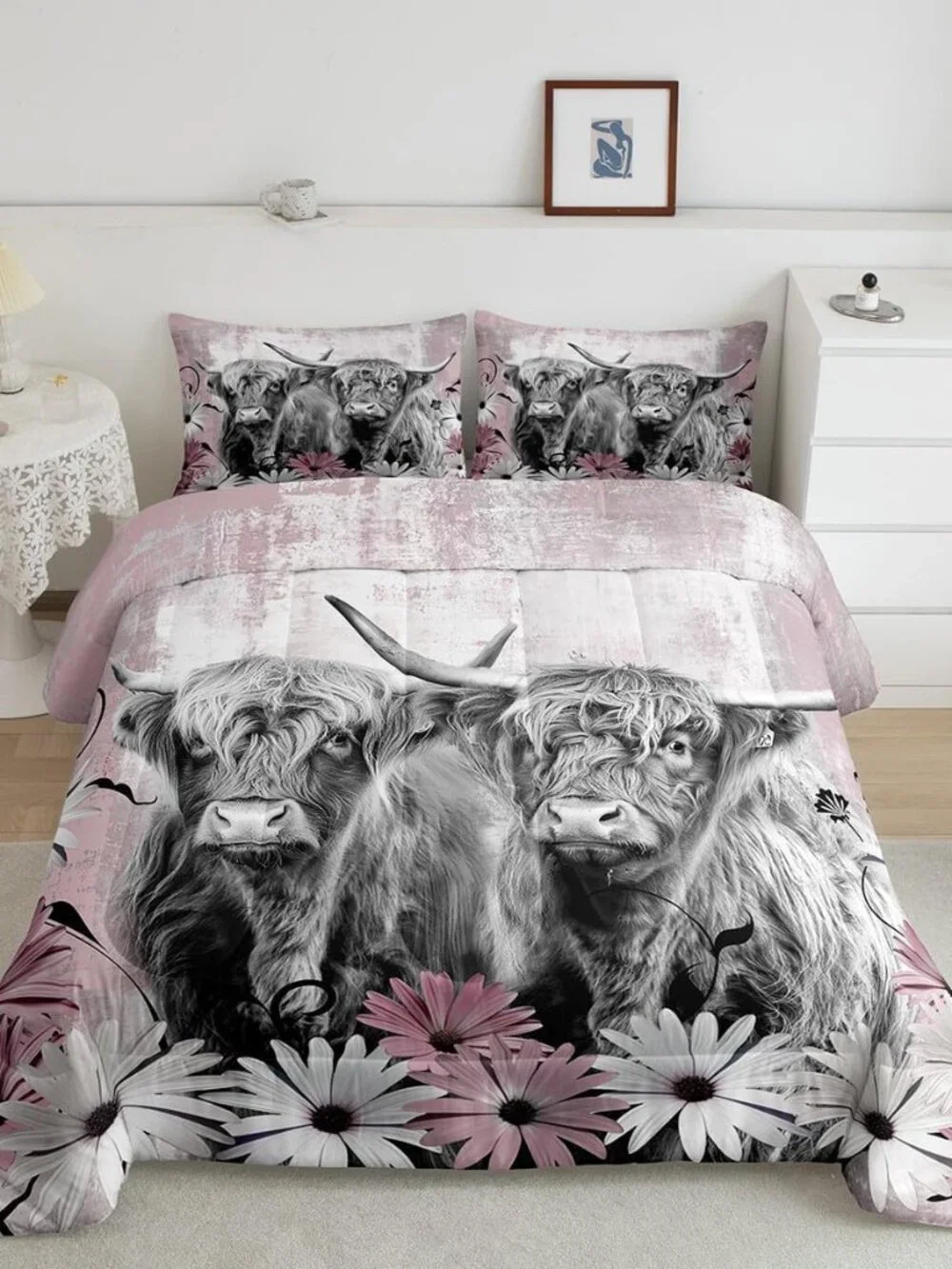 Highland Cow Twin Comforter Set,Western Longhorn Bull Bedding Sets,Pink Cowgirl